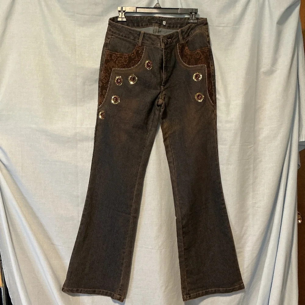 Y2K Embellished Bedazzled Distressed Flare Bottom Jeans Women’s Sz medium - Picture 1 of 6